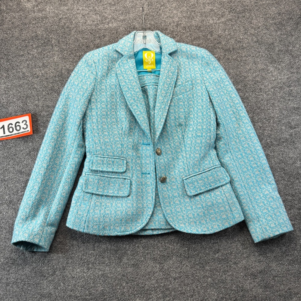 QMack Two Piece Blazer & Skirt Set Womens 2 Blue Tweed Houndstooth Professional